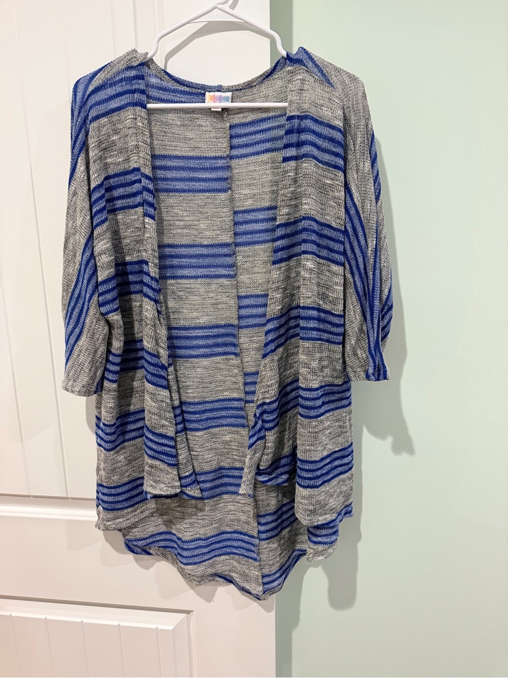 LuLaRoe Blue & Gray Open-Front Striped Cardigan